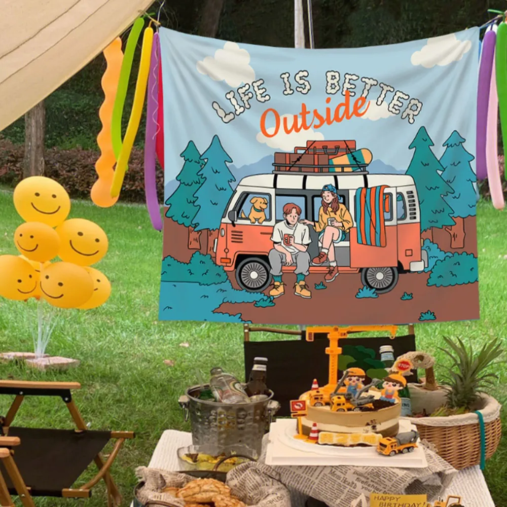 Outdoor Adventure Background - Tapeçaria Retrô de Van de Camping,