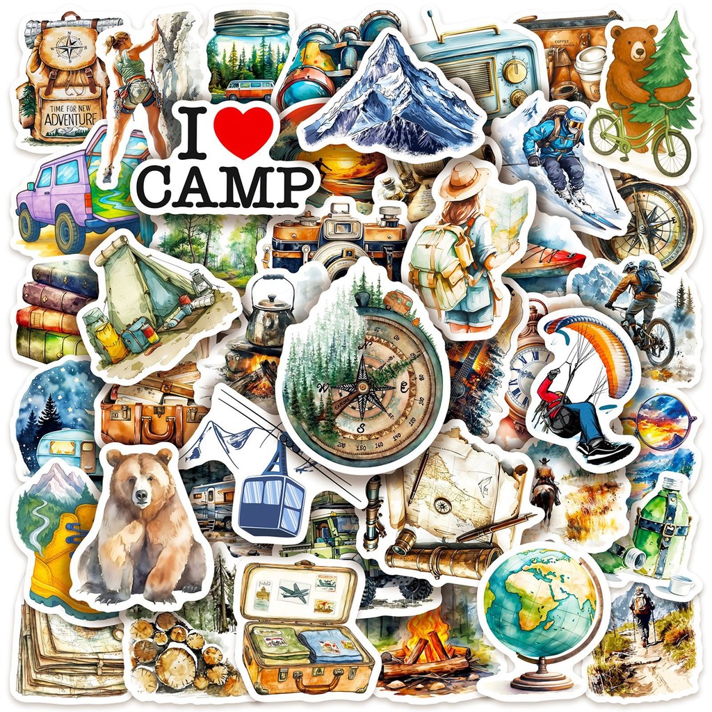 Outdoor Adventure Stores - 50 peças adesivos de acampamento aquarela